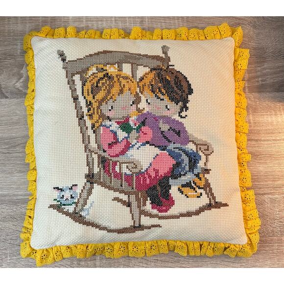 Vintage Needlepoint Pillow Children on a Rocking Chair Ruffle Trim Handmade 80s - Picture 1 of 9